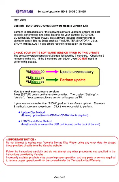 yamaha雅马哈BD-S1900_S1065 Update Install Manual